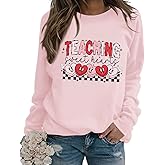 Bobeutou Valentines Sweatshirt Women Love Heart Graphic Teacher Valentine's Long Sleeve Shirt Casual Pullover Tops