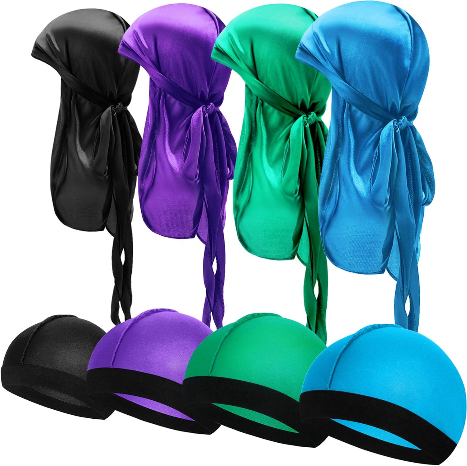 8 Pieces Silky Durag Caps Elastic Wave Cap Long Tail Headwraps Wide Straps Waves (Color 1): Clothing