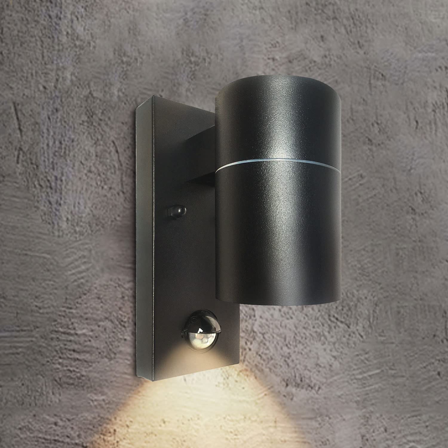 EXTRASTAR Outdoor Wall Lights PIR Motion Sensor, GU10 Base Down Exterior Wall Sconce, IP44 Stainless Steel Black Single Wall Light for Garden, Patio, Balcony, Porch, Garage（Bulb not Included）