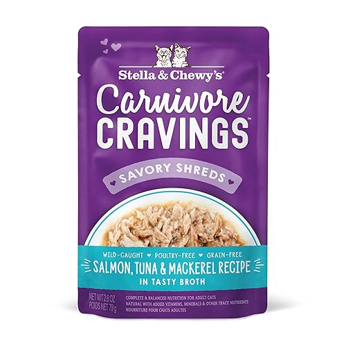 Stella & Chewy's Carnivore Cravings Wet Cat Food - Premium Pouches - Grain Free, High Protein Salmon, Tuna & Mackerel - Perfect For Picky Eaters - Complete Meal or Topper (2.8 oz, 24 Pack)