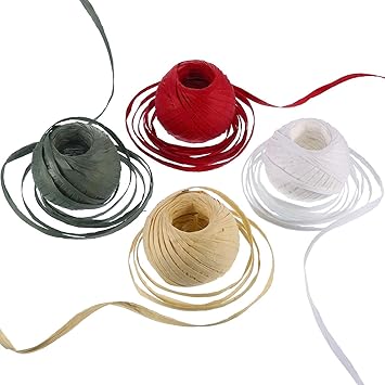 4 Rolls 656 Feet Christmas Raffia Paper Ribbon String Natural Red