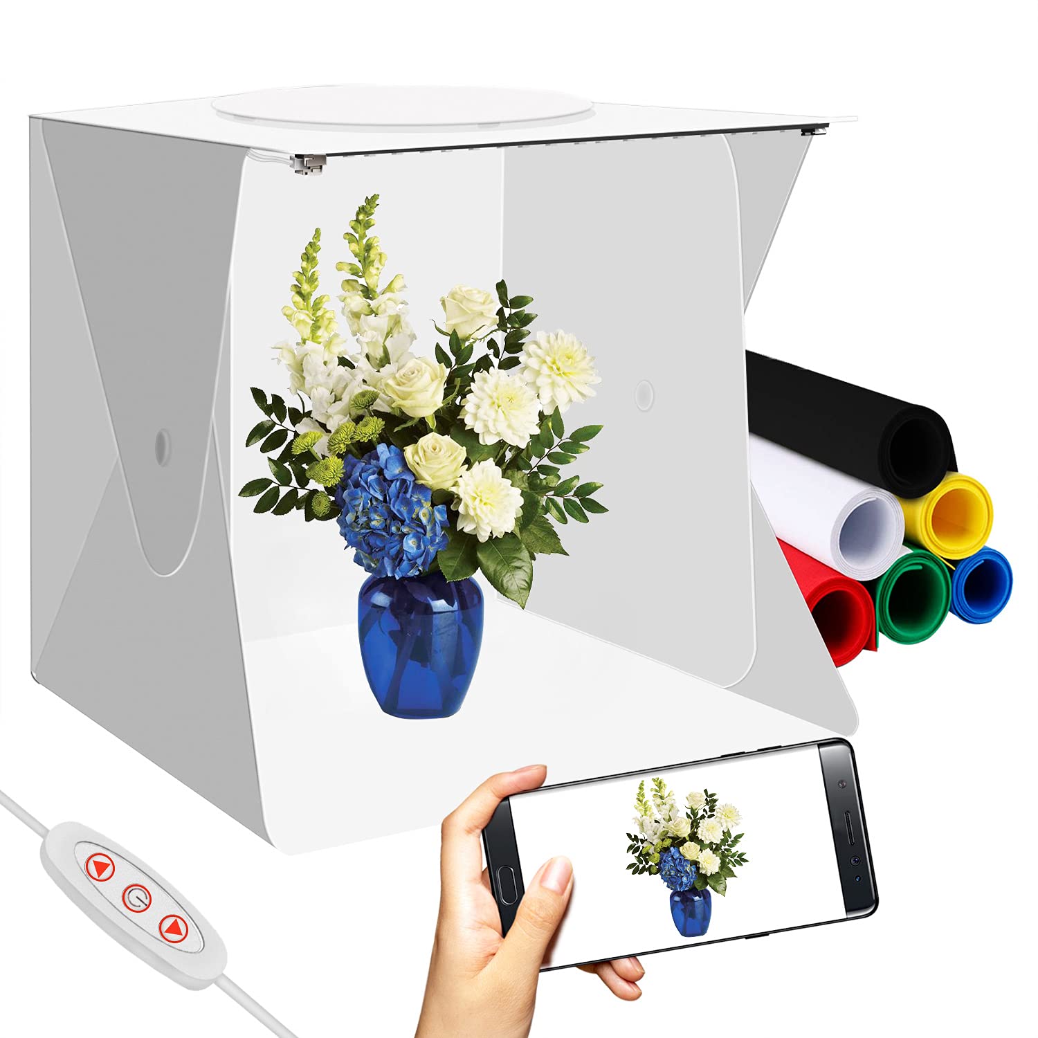 Portable Photo Studio Mini Foldable Shooting Tent Photography Light box Kit with Top Hole, Adjustable Brightness 2 LED Lights and 6pcs Color Background (Large - 15.8 x 15.8'')…