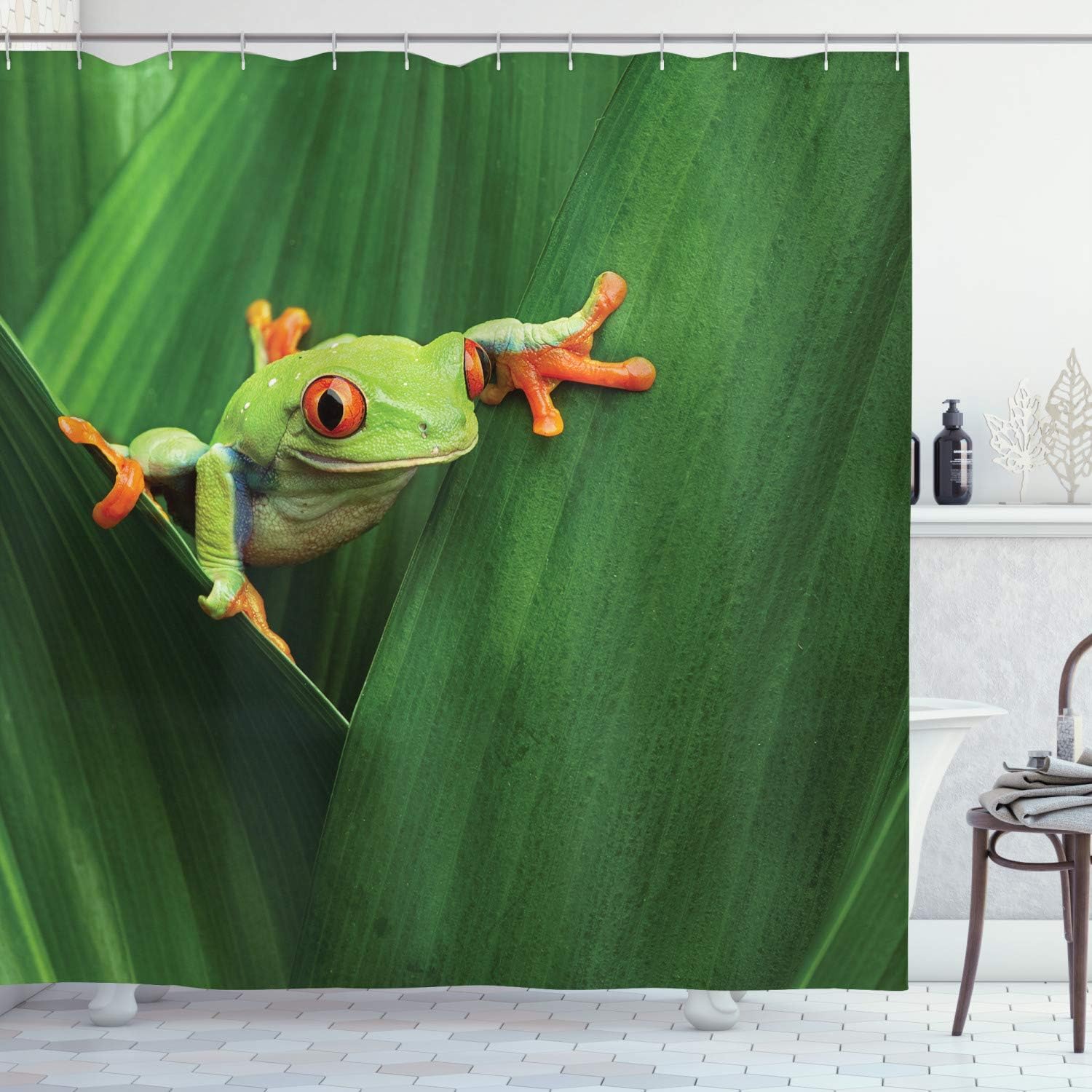 Ambesonne Animal Shower Curtain, Red Eyed Frog Between Exotic Macro Big Leaves Wild Nature Night Animal Vivid Colors, Cloth Fabric Bathroom Decor Set with Hooks, 75