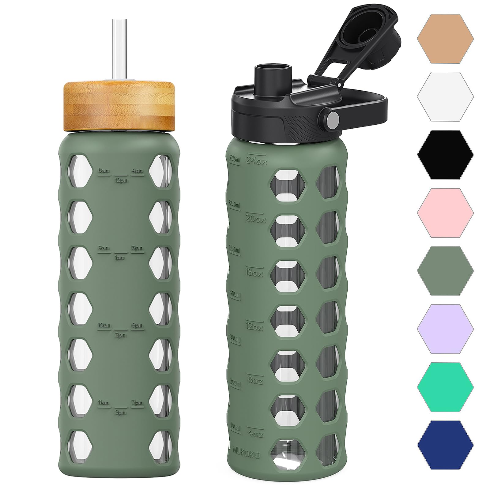 HYDRAGLAZIC 700ML Glass Water Bottle with 2 Flip and Bamboo Straw Lids Sports Water Tumbler with Time Reminder and Silicone Sleeve Leak-proof BPA Free, Oliver