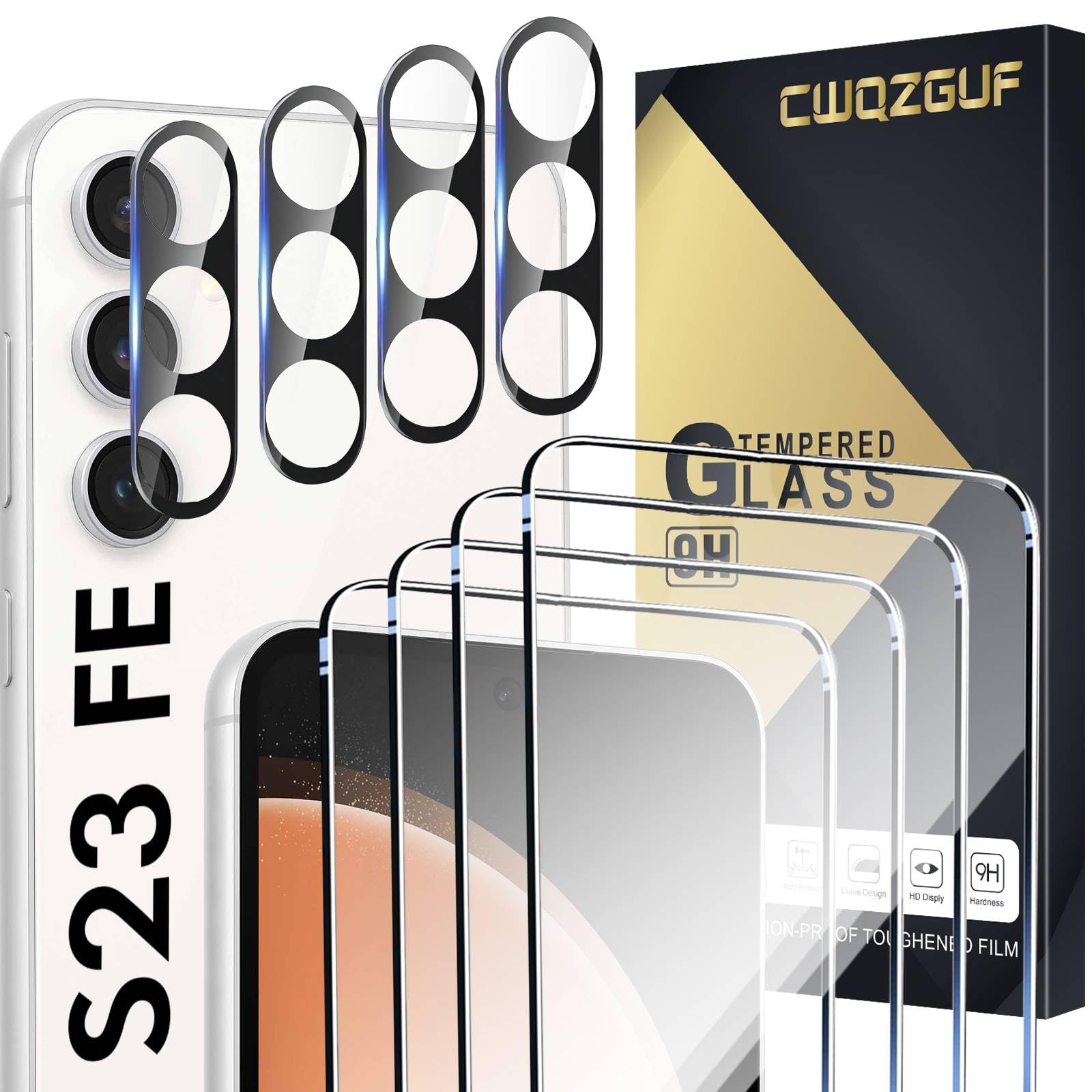 CWQZGUF Galaxy S23 FE Screen Protector [4+4 Pack] Camera Lens Protector, Fingerprint Unlock Support, HD Tempered Glass, Touch Sensitive, Anti Scratch, for Samsung S23 FE 5G Glass Screen Protector