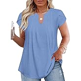VISLILY Plus-Size-Summer-Tops for Women Dressy V Neck T Shirts Trendy Petal Short Sleeve Tunics Casual Pleated Blouses 1X-5X