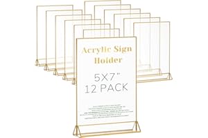 LUOBAO 5x7 Gold Acrylic Sign Holder Golden Picture Frames Stand 12 Pack Clear Gold Trim 5x7 Standing Tent Bar Menu Flyer Display Frame Table Top Number Holder Wedding Party