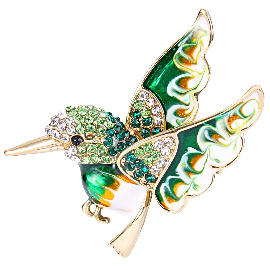 Ever Faith Austrian Crystal Enamel Lovely Humming Bird Animal Brooch Pin Green Gold-Tone