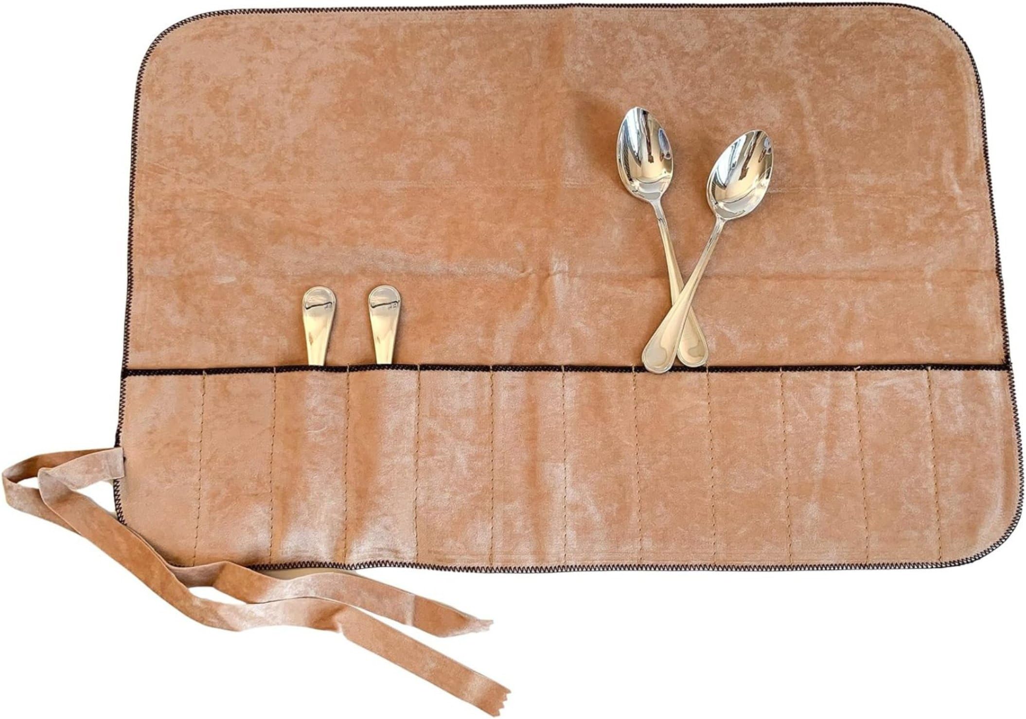 Hagerty Silver Guard Cutlery Roll I silver-plated metal 48x32cm I Practical cutlery storage with tarnish protection I Cutlery holder for coffee spoons with 12 compartments, Tan (A119007)