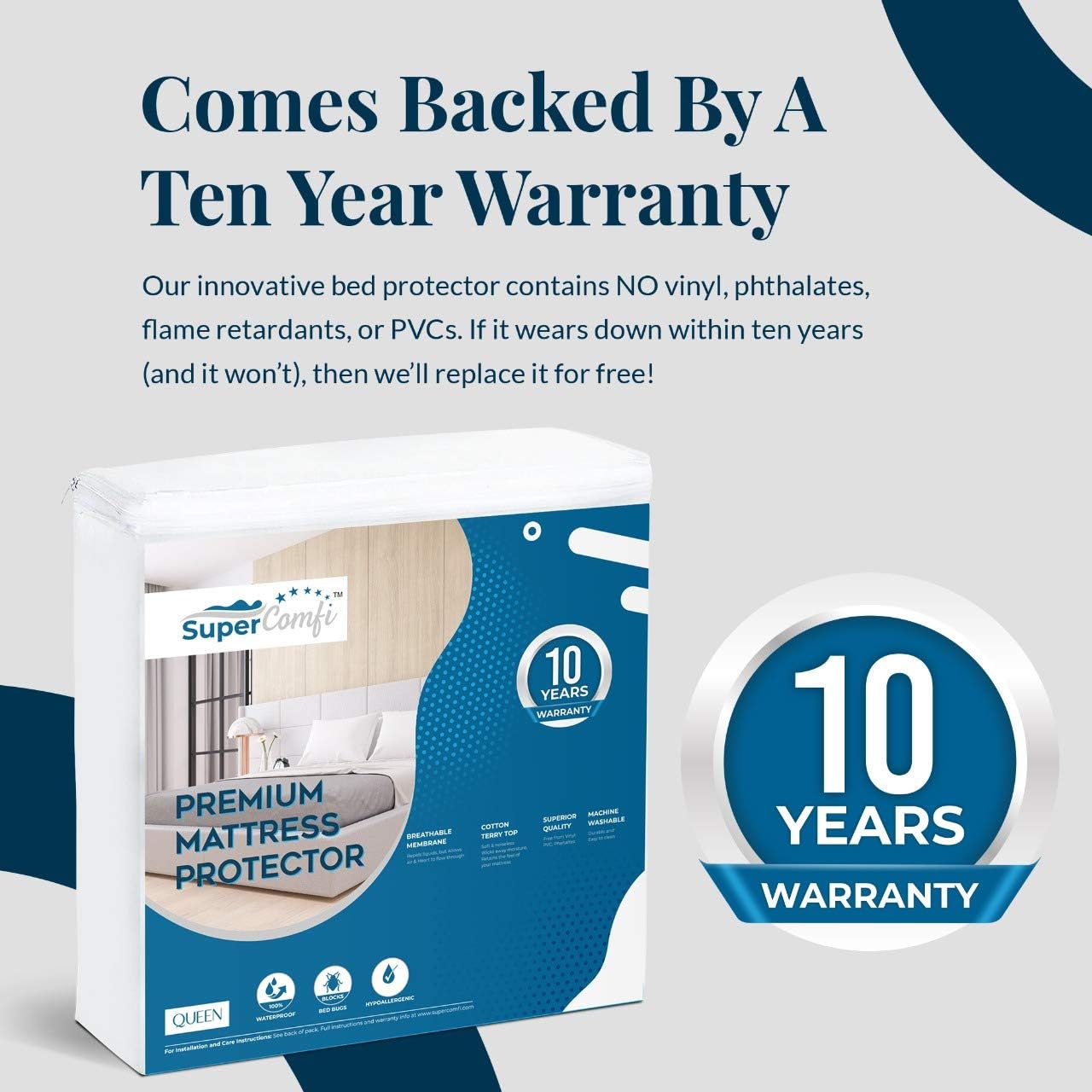 Supercomfi Queen Size Mattress Protector Cover Waterproof Cotton Terry Bed Topper Hypoallergenic Mattress Cover Noiseless-Slip Resistant: Home & Kitchen