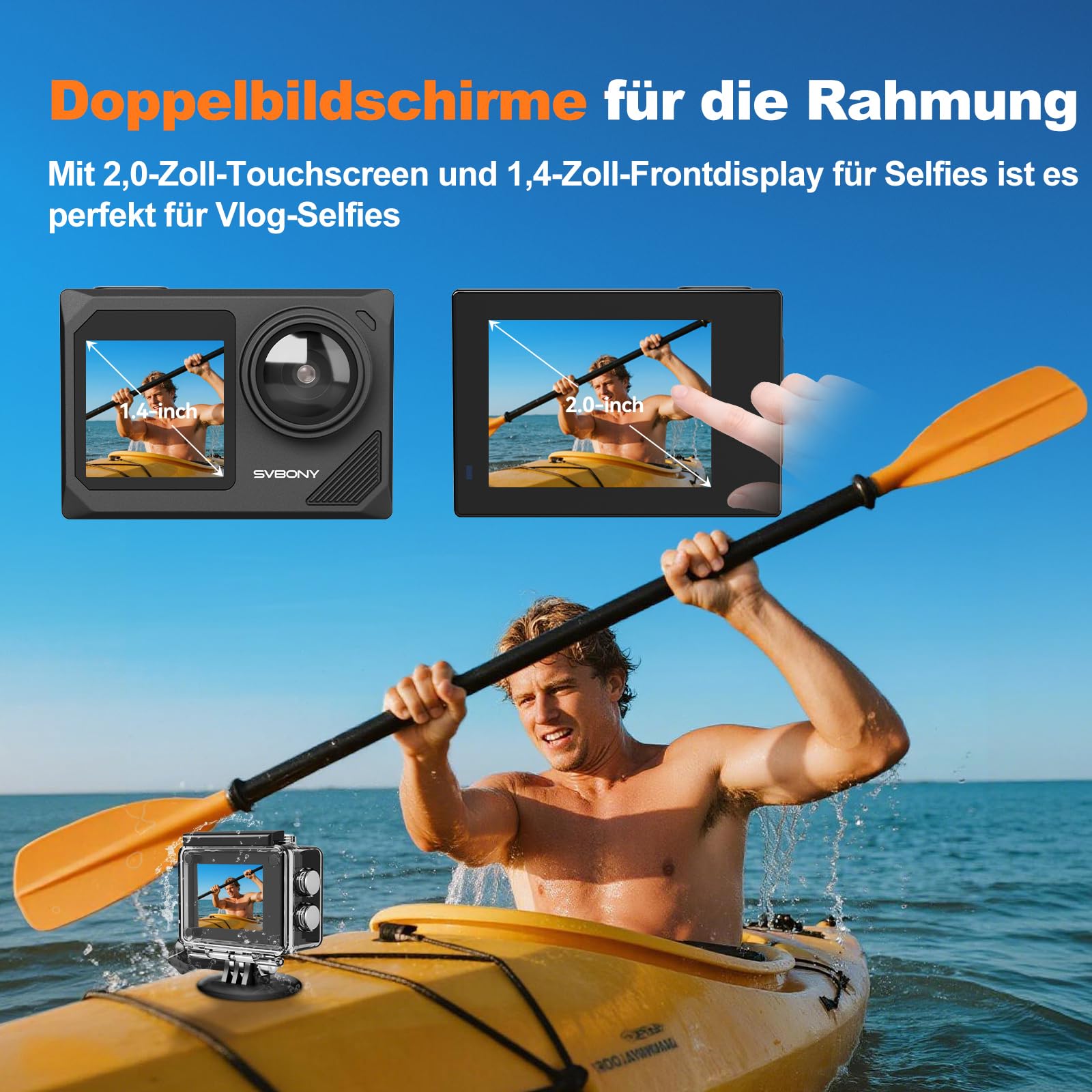 SVBONY SVGo2 4K Unterwasserkamera, Action-Kamera mit Externem Mikrofon, EIS, Wasserdicht bis 30m, Touchscreen, Dual-Screen, 2x1350mAh Akkus, 140° Weitwinkel, WLAN, Zubehörset zum Schnorcheln、Skifahren 6