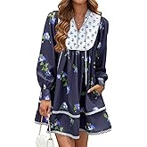 MAOECO Womens Floral Mini Dress V Neck Long Sleeve Patchwork Loose Babydoll Boho Flowy Short Shift Shirt Dresses