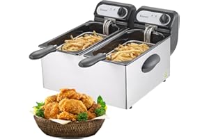 Vexon 3000W Electric Deep Fryer w/ 2 Baskets & Lids, 2X3L Stainless Steel Double Fryer,Countertop Kitchen Frying Machine,Temperature Control, Overheat Protection, 16.93*15.98*10.28 Inch, Silver