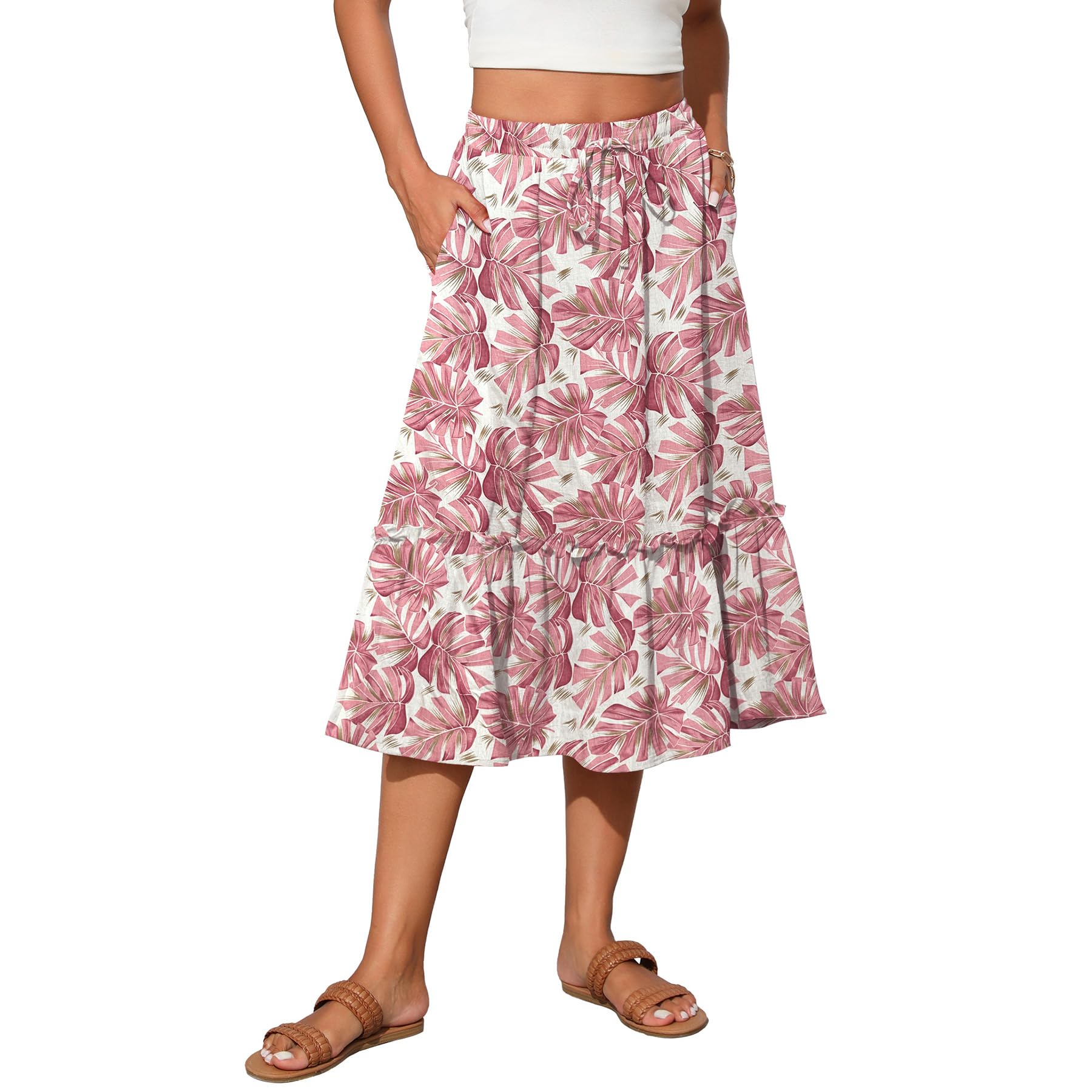 Photo 1 of Witsmile Women's Skirts - Elastic Waist Pleated Long Skirt Dress with Pockets for Women Dressy Casual(FP Pink Leaf,L)