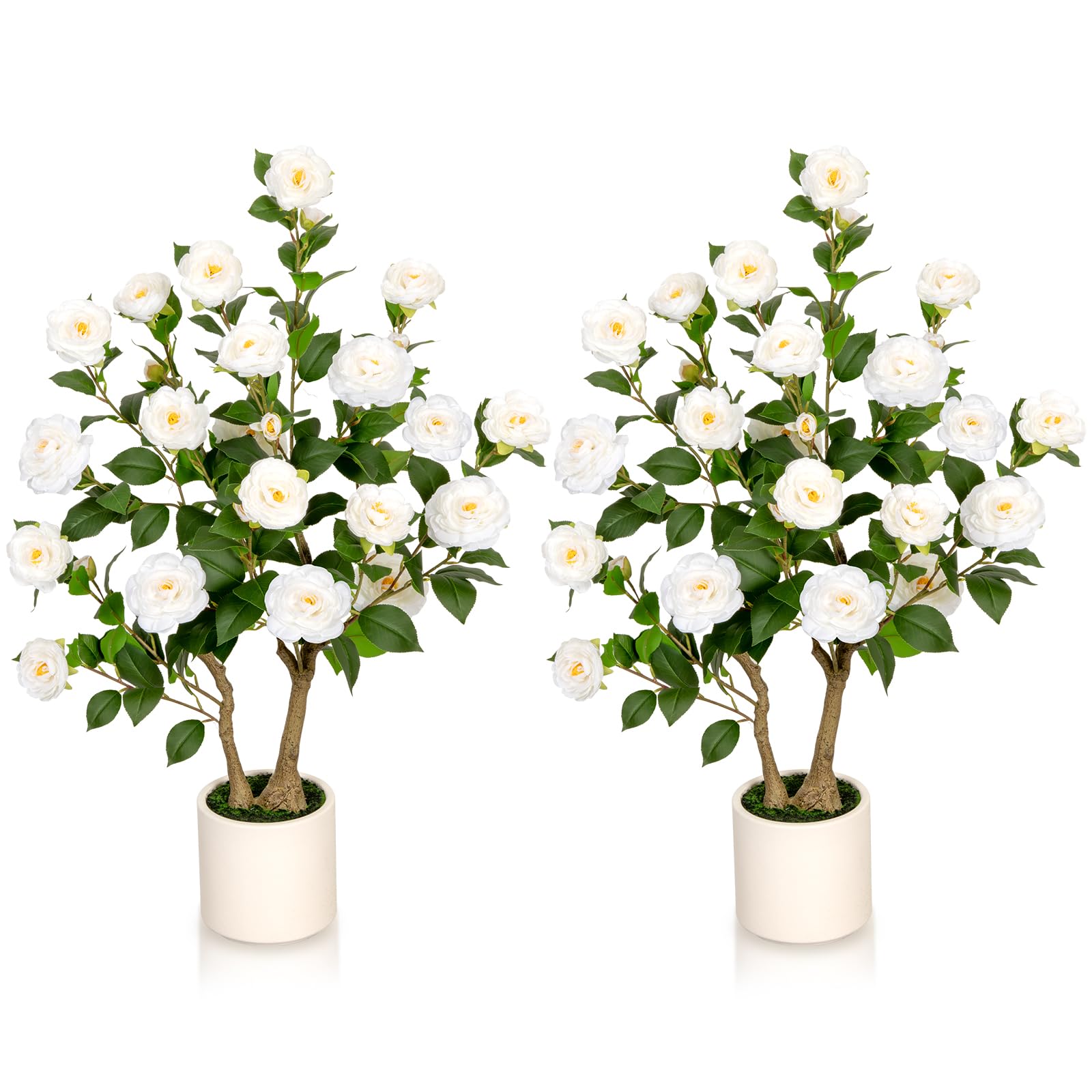 VIVATREES 3ft Artificial Camellia Tree 2 Pack, 36'' Tall Faux Camellia Plant with White Flowers, UV Resistant Indoor Outdoor Fake Tree with White Planter Pot Included for Home Patio Decor