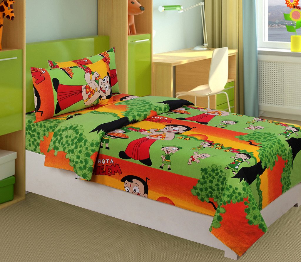 Cozyland Kids Chota Bheem 144 Tc Cotton Single Bedsheet with 1 Pillow Cover Green Amazon.in