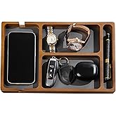 Shinpuru Wooden Valet Tray with Leather Inlay - Nightstand & Desk Organizer - EDC Essentials Catchall Tray for Keys, Phone, W
