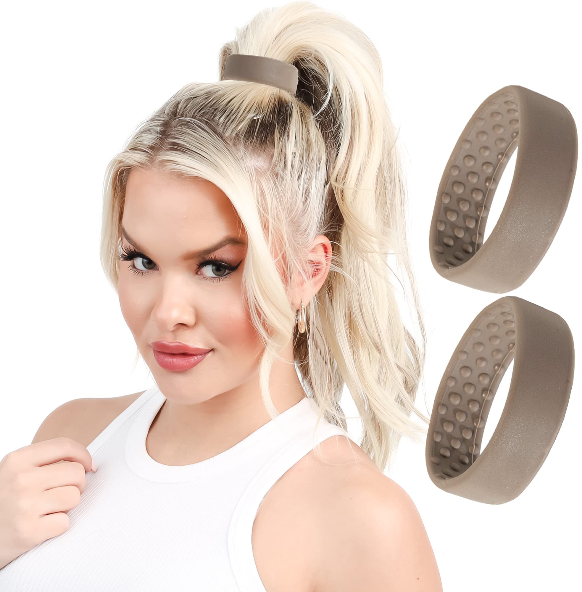 2 Large PONY-O Bendable Hair Ties, Ponytail Holders: for Thicker or Heavy Hair, Secure, Comfortable & Non-Damaging Hair Accessories (Light Brown)