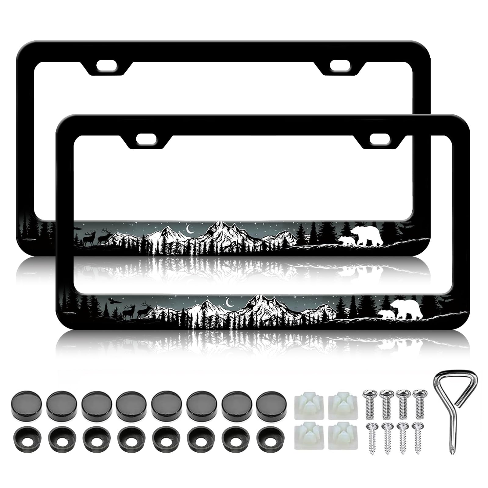 Photo 1 of Mountains Bear Moose Eagle License Plate Frame - 2 PCS Night Forest Trees Wild Animal Aluminum Metal License Plate Frames Holder Covers, Car Decorative Tag Frames for Standard US 12x6 Inch