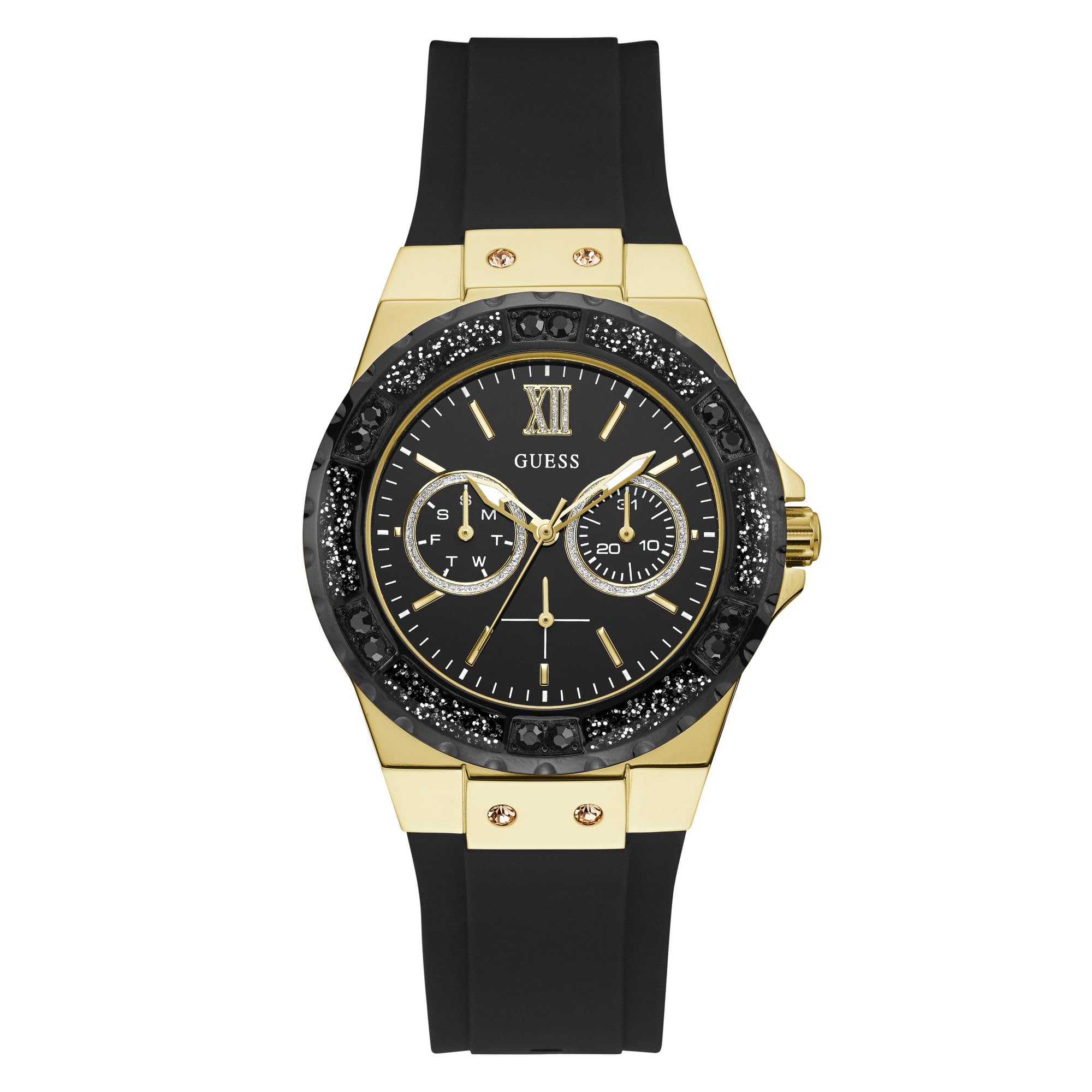 GUESS Reloj de acero inoxidable en tono dorado + resistente a las manchas negro con funciones de día + fecha. Color: Negro (Modelo: U1053L7)