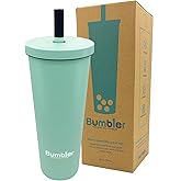 Stainless Steel Bubble Tea Cup - Bumbler 24oz Large Reusable Eco-Friendly Tumbler with Wide Soft Tip Metal Straw, Leak-Proof Lid - Perfect for Boba, Smoothies, Iced Coffee, Hot or Cold Drinks - Mint