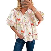 Cicy Bell Womens Summer Floral Babydoll Tops V Neck Short Lantern Sleeve Shirts Cute Loose Fit Flowy Blouses
