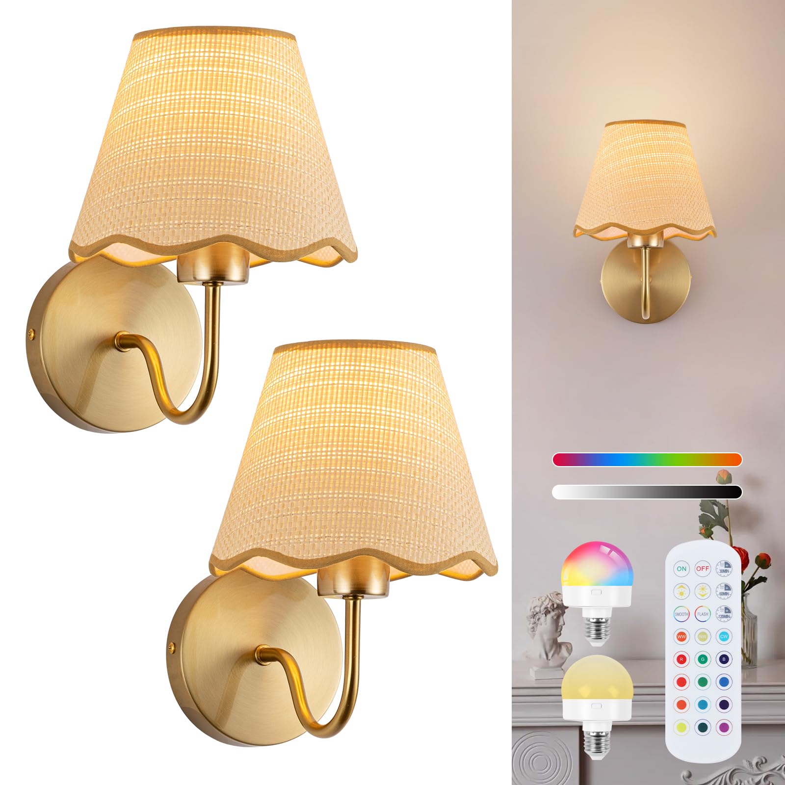 Photo 1 of ADISUN Battery Operated Wall Sconce Set of 2, Gold Wall Lamps Rechargeable Bulbs for Living Room, Rattan Shade Wireless Wall Lights for Bedroom Living Room Hallway Kitchen(2 Bulbs Included)