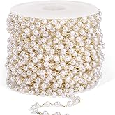 33 Feet Gold Pearl Beads Chains Roll, 3mm Faux Pearls Beaded Gold Plated Brass Cable Link Chain Spool Bulk for Jewelry Making DIY Craft