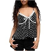 Women Polka Dot Cami Top Y2k Lace Trim Ruffled Hem Cami Top Adjustable Spaghetti Strap Polka Dot Bow Tie Camisole