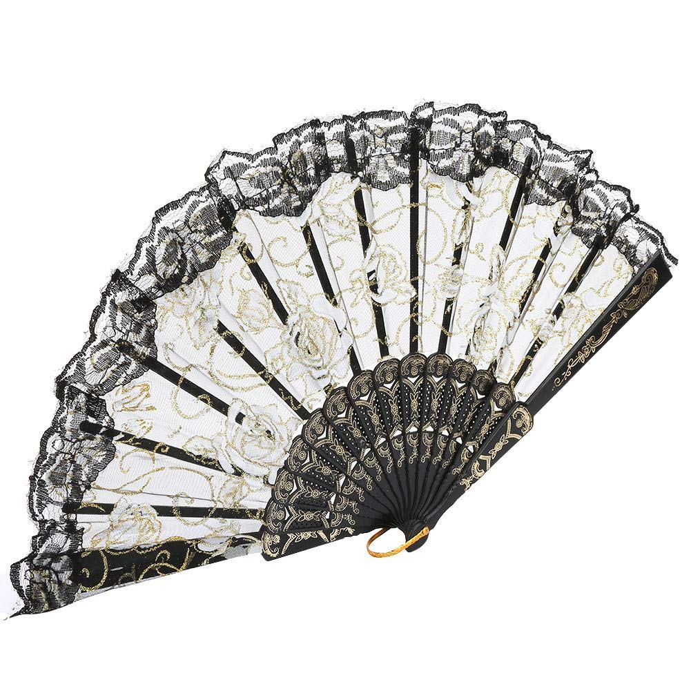 Hilitand Folding Fans European Style Handheld Bamboo Fans with Lace Rose Flower for Decoration Dancing Party(black)