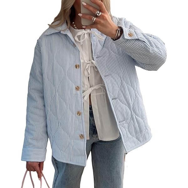 Winioder Women's Y2K Striped Puffer Jacket Turn-Down Collar