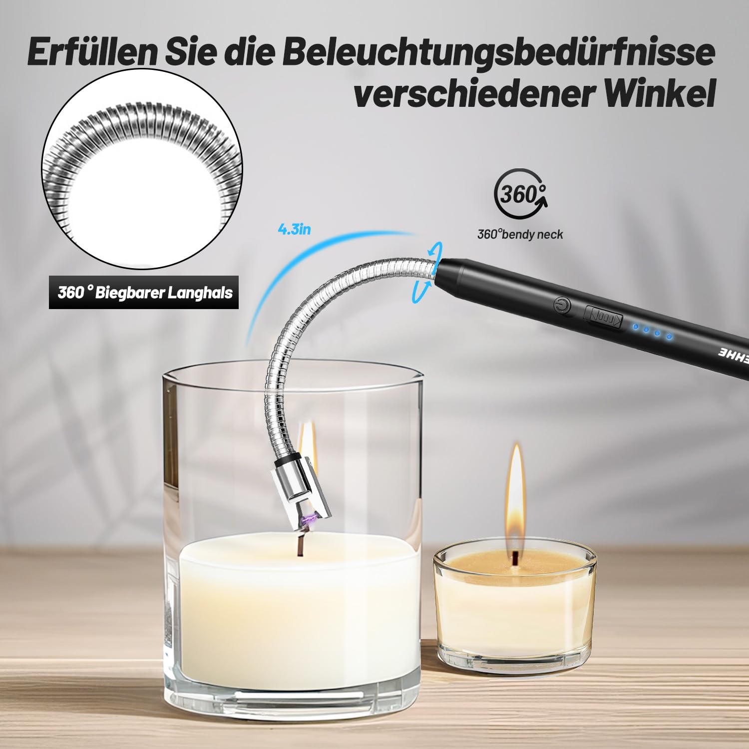 VEHHE Feuerzeug, Umweltfreundliches Elektrische Stabfeuerzeug mit USB-C-Ladung & 360° Flexiblem Hals, Ohne CO₂-Emissionen, Windfest & Explosionssicher für Küche, Gasherd, Grill und Kerzen (Schwarz) 4