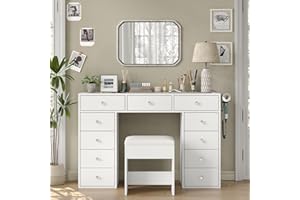 Yanosaku 47" Vanity Desk Without Mirror, Glass Top Makeup Vanity with 11 Drawers & Charging Station, Modern Vanity with Chair, Outlets & USB Ports for Bedroom, Dressing Room, White