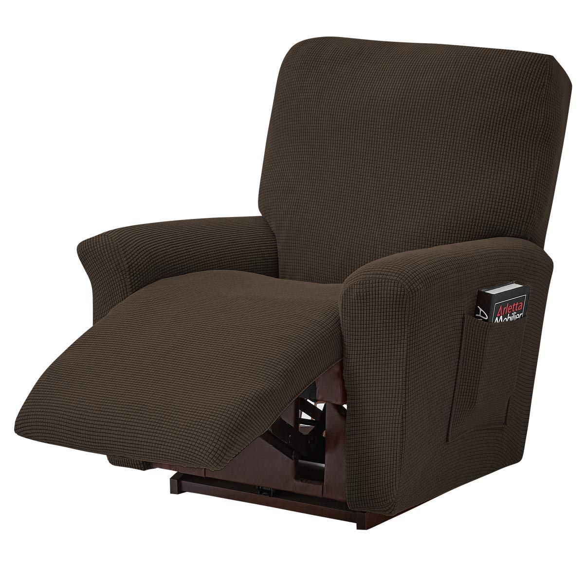 LiveGo Jacquard Recliner Chair Covers, Stretch Polyester Spandex Recliner Cover 4 Pieces, Reclining Chair Cover with Elastic Side Pocket, Armchair Cover for Living Room(Brown)