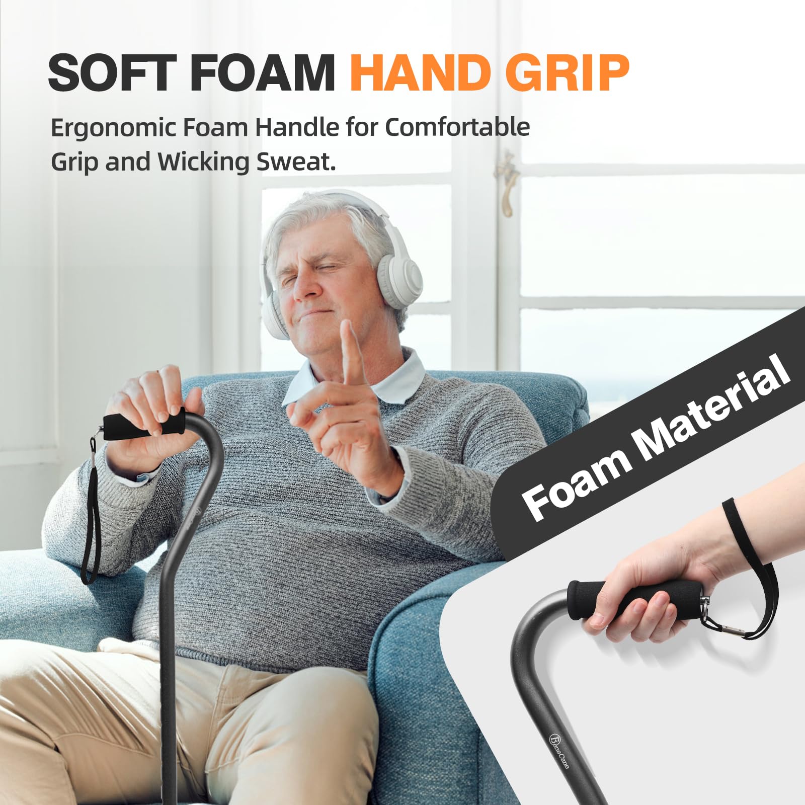 BeneCane Quad Cane Adjustable Walking Cane with Offset Soft Cushioned Handle for Men & Women Lightweight Comfortable with 4-Pronged feet for Extra Stability