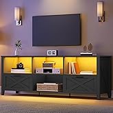 YITAHOME 70 Inch Farmhouse TV Stand with LED Lighting, Fits TVs up to 80 Inches, Media Console with Storage and Customizable Divider, Entertainment Center for Living Room (Black)