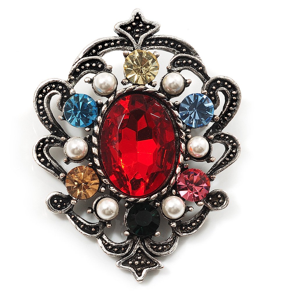 Multicouloured Crystal Vintage Brooch (Burn Silver Finish)