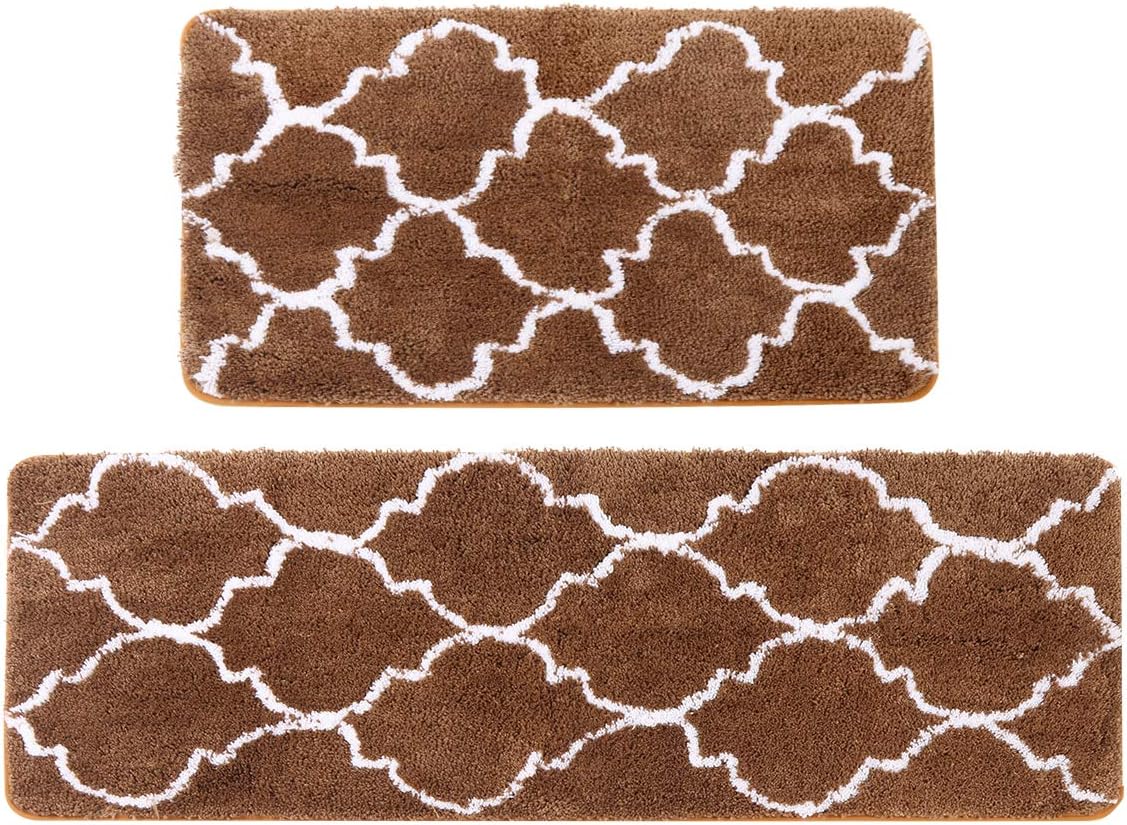 Kitchen Rug Set, LEEVAN Moroccan Kitchen Comfort Mat Super Soft Rug Microfiber Area Runner Rugs Non-Slip Backing Washable Bathroom Rug Shower Floor Mat Set of 2 Pcs …