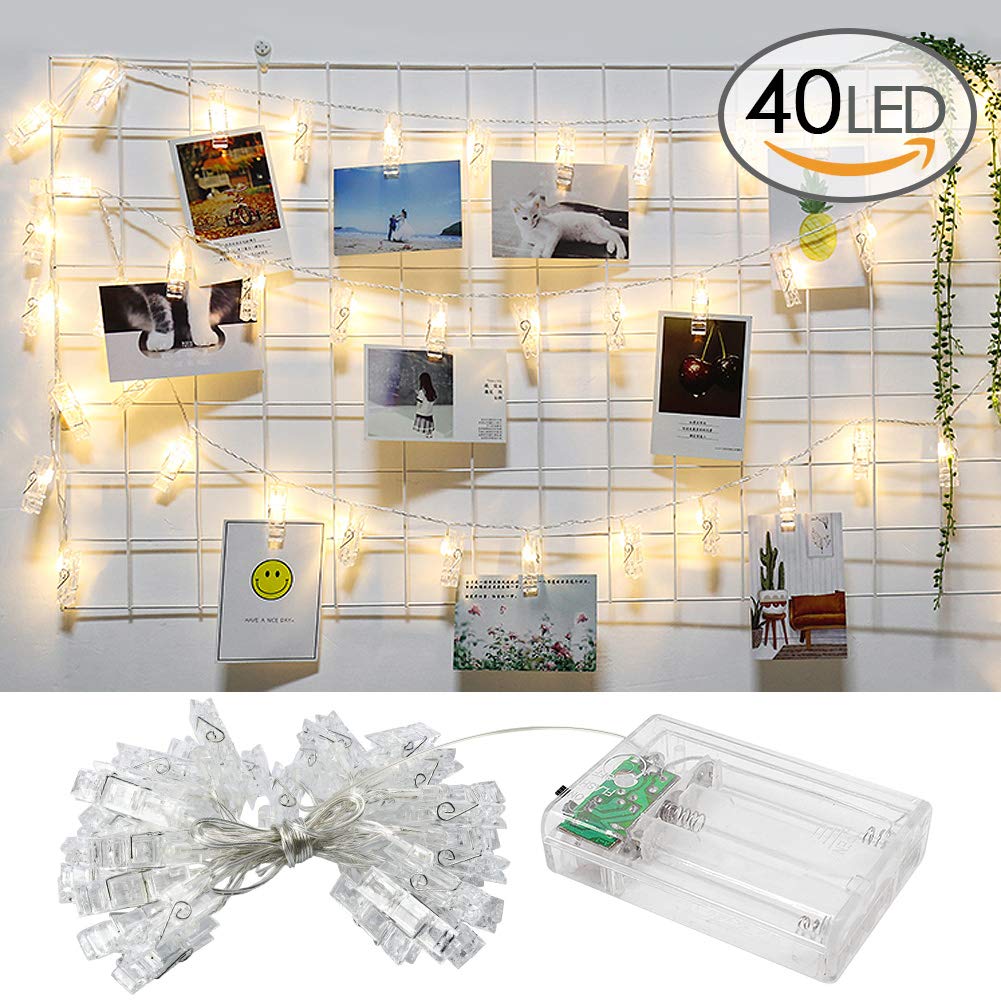 Amteker LED Foto Clip Stringa Illuminazione con Telecomando e Timer - 40 Foto Clip Batteria Alimentato 5M Luci Immagine Illuminazione per Decorazione Tabella Foto,Note,Opera D\'arte (Bianco Caldo)