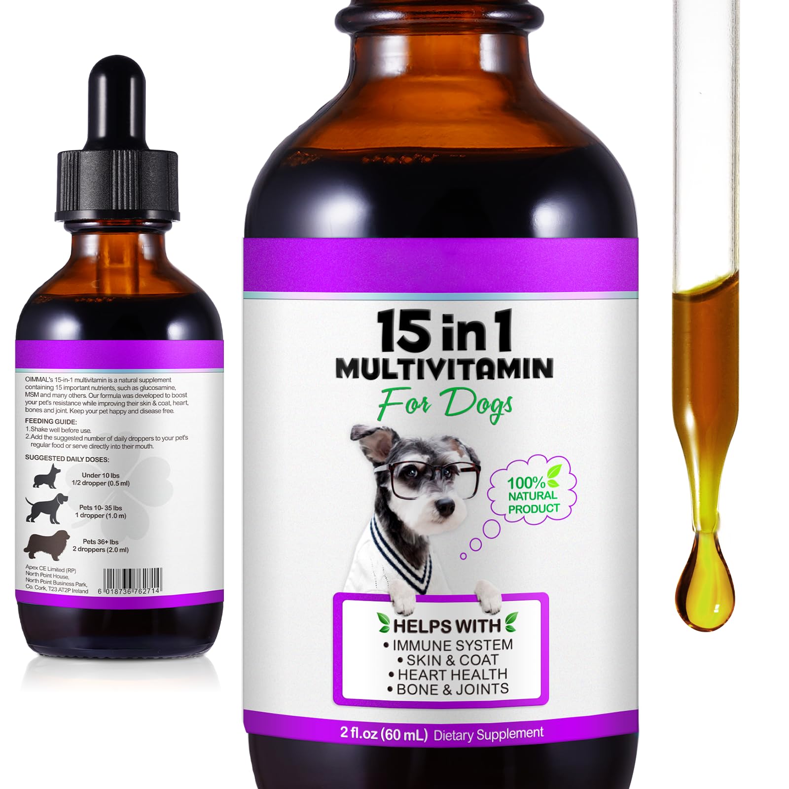 15 in 1 Dog Multivitamin Drops for dogs - Dog Vitamins & Supplements Natural Dog Multivitamins and Minerals - Glucosamine, MSM for Skin & Coat, Heart Health, Bones, Joint, Immune System Support