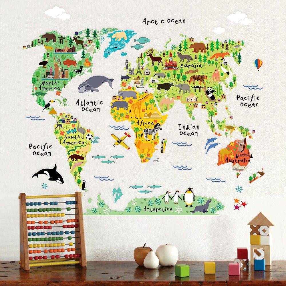 Railonch Colourful World Map Kids Wall Stickers Large Kids