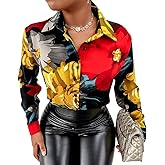 Long Sleeve Shirts for Women Dressy Blouses & Button-Down Shirt Colorful Floral Print Loose Collar Sexy Tops Fashion