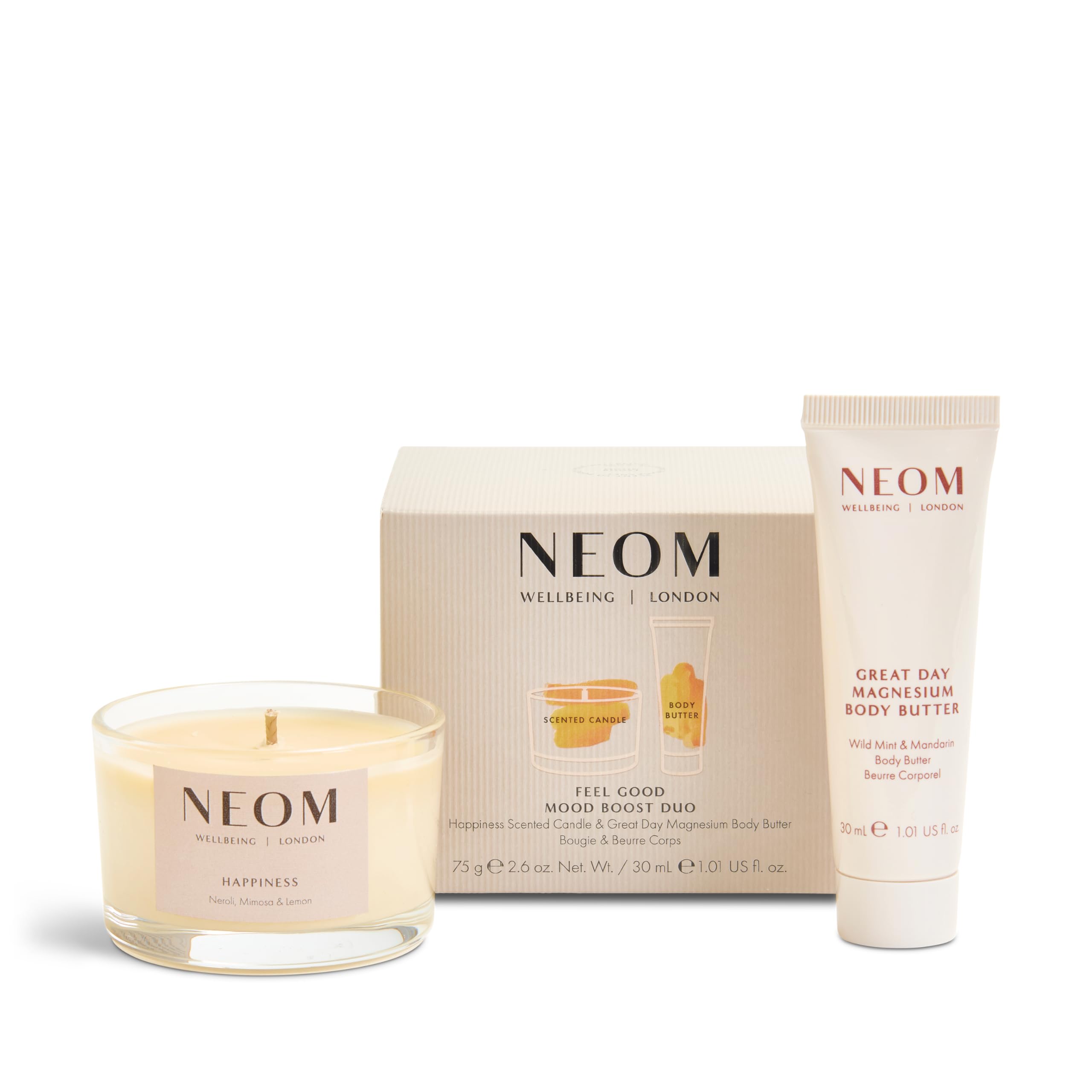 Neom Feel Good Mood Boost Duo Gift Set I Contains: Happiness Travel Candle 75g, Great Day Magnesium Body Butter 30ml I 100% Natural Scent I Sprinkle happy vibes I Mother's Day Gift