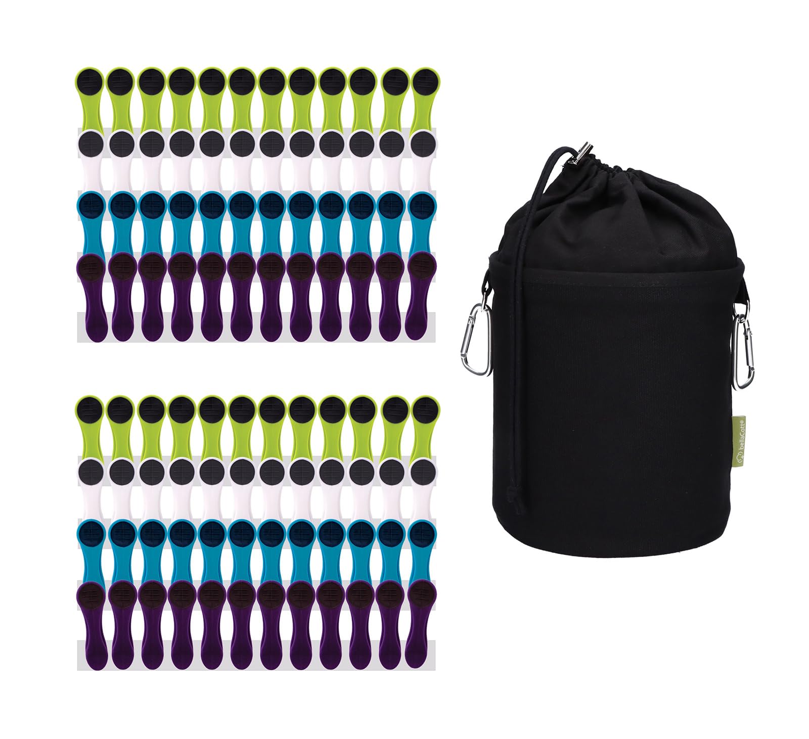 bellaCott Clothes Pegs with Spiral Springs, Soft Grip, Blue, Green, White, Purple, Anthracite and 1 bellaCott Clothes Peg Bag Made of Canvas Black