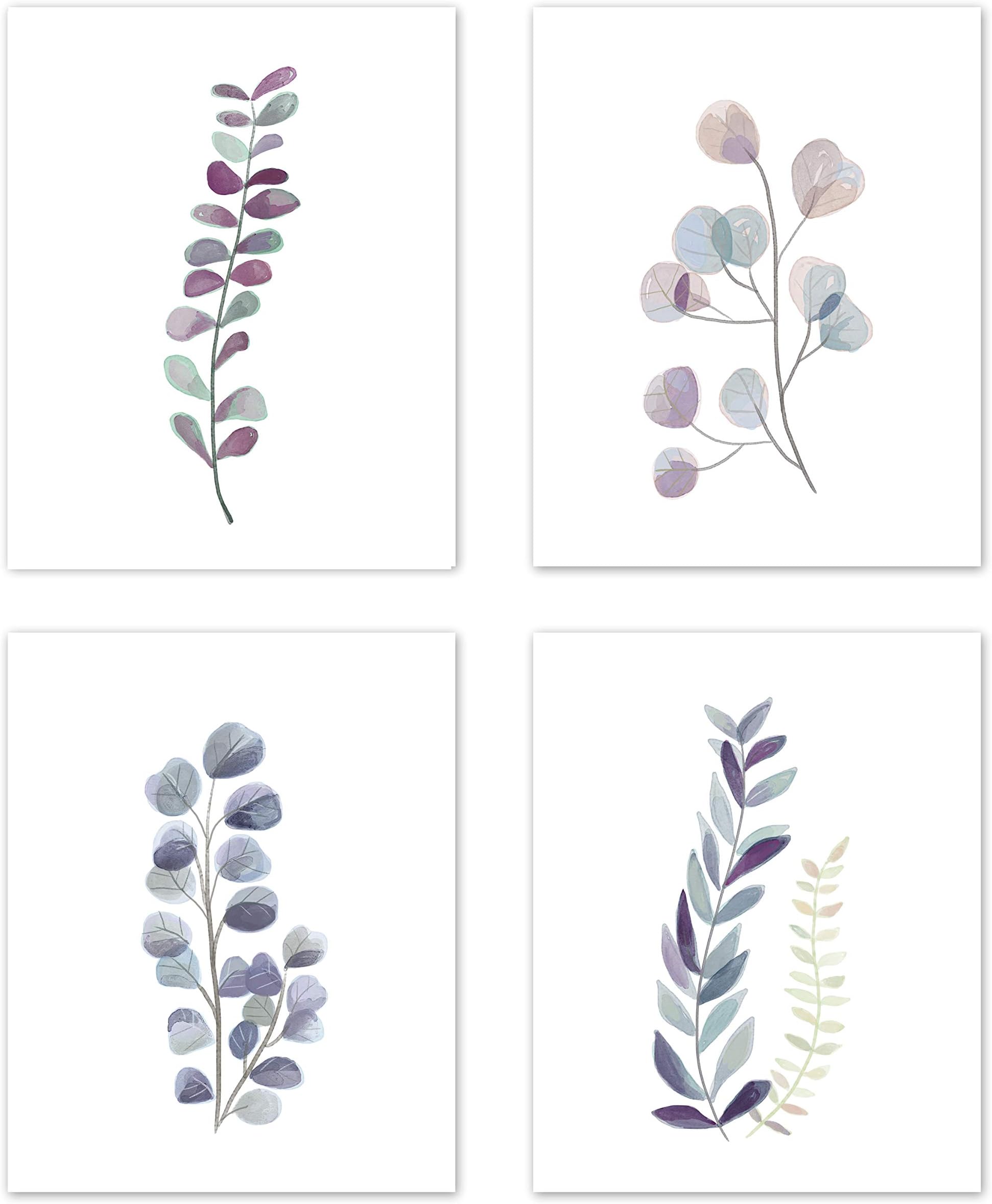 Kitchen Wall Art Eucalyptus Leaves Leaf Botanical Garden Watercolor Prints Posters Signs Room Decor - for Dining Room and Home Decor –(Set of 4) Unframed 8 x 10 inches Purple Green & Blue