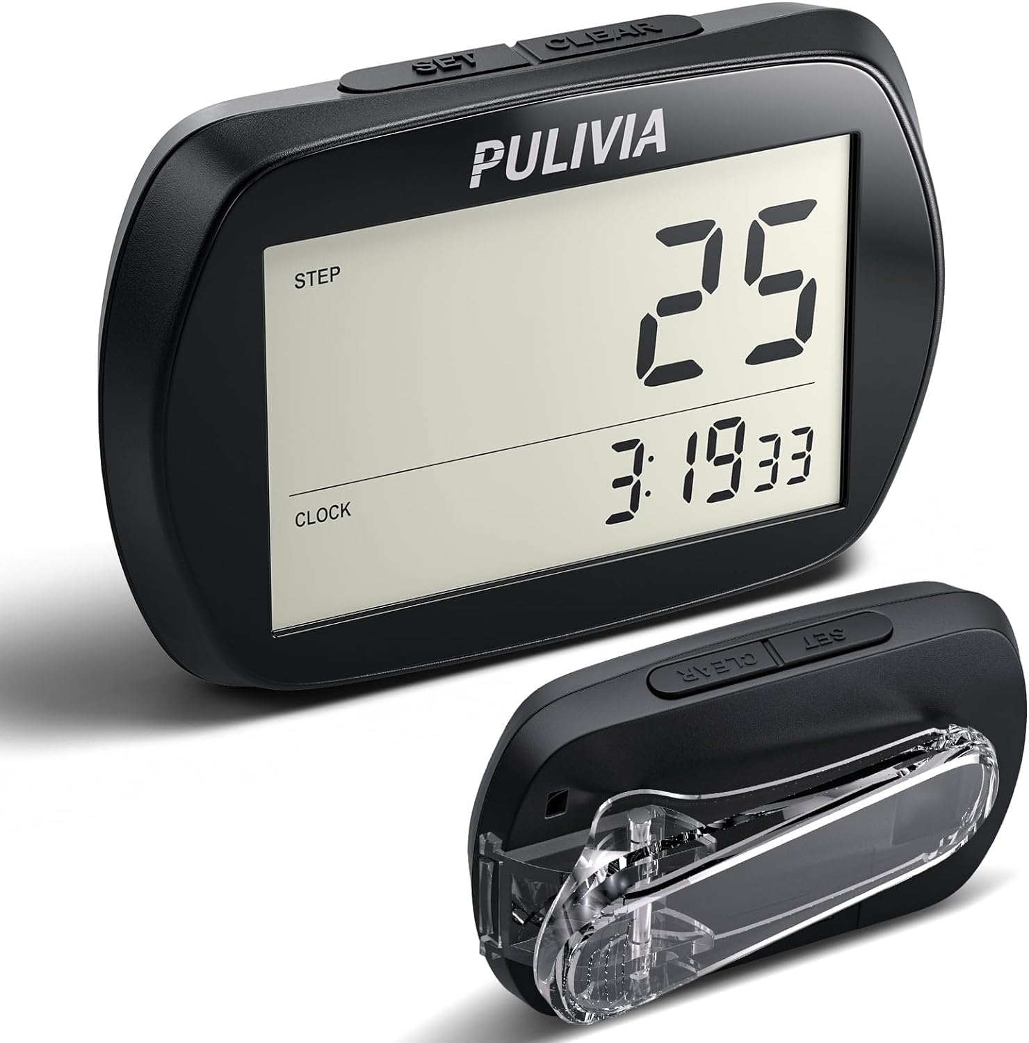 Photo 1 of PULIVIA Pedometer for Walking 3D Step Counter with Clock, Accurate Portable Pedometer with Clip, Simple Walking Step Counter, Black