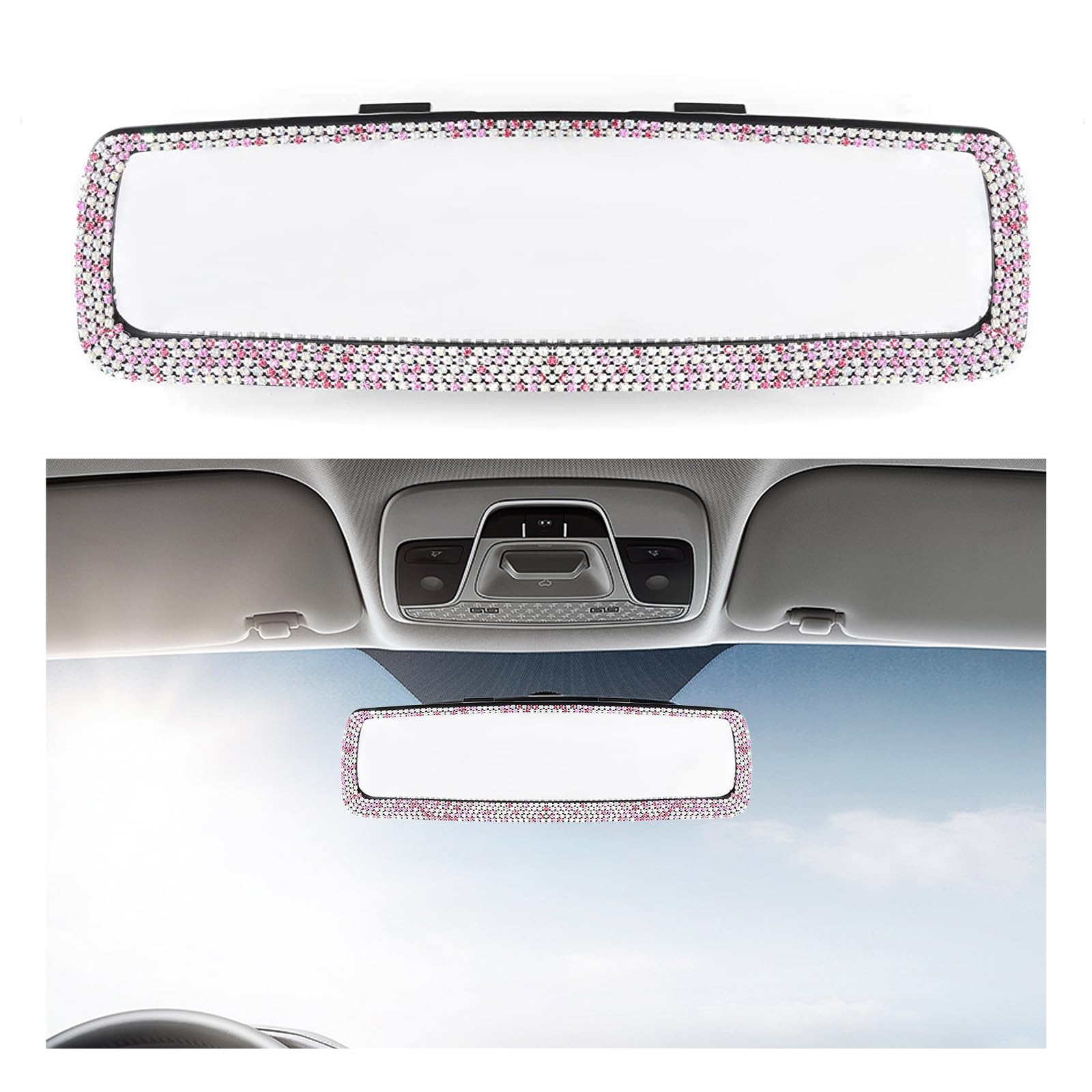 Photo 1 of Kewucn Car Bling Rear View Mirror, HD Glass Rear View Mirror with Crystal Diamond, Rhinestone Rearview Mirror, Universal Car Interior Decoration Accessories for Women and Teens (Bling Pink)