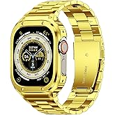 MioHHR Stainless Steel Band and Case Compatible with Apple Watch Band 49mm, Men Metal Protective Bumper Cover for iWatch Series Ultra 3/2/1, Gold