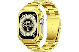 MioHHR Stainless Steel Band and Case Compatible with Apple Watch Band 49mm, Men Metal Protective Bumper Cover for iWatch Series Ultra 3/2/1, Gold