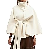 Kinghua Womens Batwing Sleeve Poncho Pea Coats Fall Trendy Stand Collar Belted Cloak Cape Wool Coats Winter Jackets